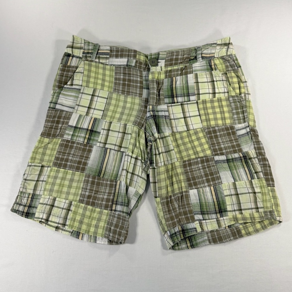 Mossimo Supply Co Bermuda Patchwork Plaid Shorts Green Brown Size 9 Y2K Low Rise